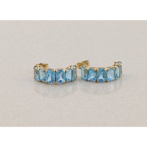 14k Yellow Gold Natural Swiss Blue Topaz Earrings Hoop Earrings 3/4" x 1/4" - Picture 4 of 8